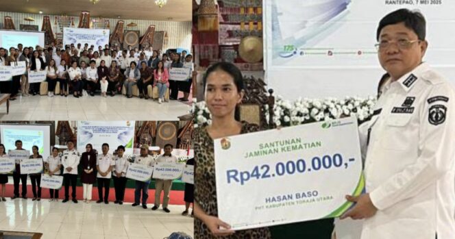
					Pemerintah Daerah Toraja Utara bersama BPJS Ketenagakerjaan Sosialisasi dan Serahkan Santunan kepada ahli waris JKM, Rabu (7/5/2025). Foto: Istimewa/Vressnews