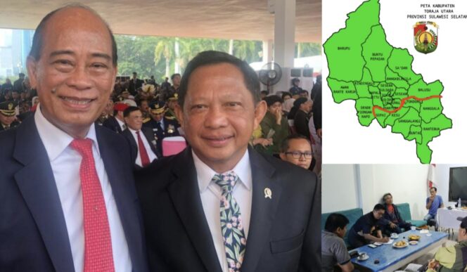 
					Dr. John Palinggi saat berfose bersama Tito Karnavian (Menteri Dalam Negeri) dan Kolase DOB Toraja Timur. Foto: Istimewa/Vressnews