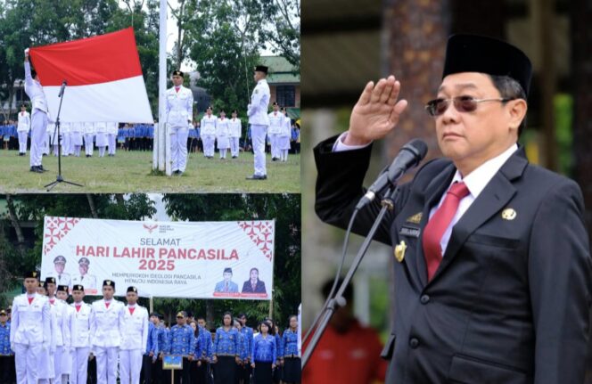 
					Bupati Toraja Utara, Frederik Victor Palimbong pimpin upacara peringatan Hari Lahir Pancasila di Lapangan Bakti Rantepao pada Selasa (17/5/2025). Foto: Istimewa