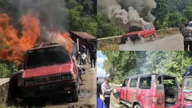 
					Satu unit mobil Toyota Kijang Terbakar di Jalan Poros Pangli-Sadan, Toraja Utara, pada Senin (30/6/2025). Foto: Istimewa