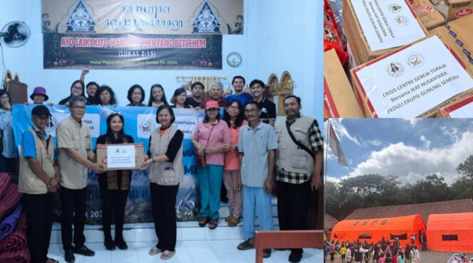 
					Perwakilan IKAT Nusantara yang diwakili oleh Ketua IKAT Malang, Ir. Edy Daniel Tondok, bersama Pdt. Sriwanti Y. Samperuru  mewakili Crisis Center Gereja Toraja Cabang Kebaktian Malang menyerahkan bantuan kepada warga Pronojiwo yang terdampak erupsi Gunung Semeru, pada Selasa (2/12/2025). Kolase Foto: Istimewa