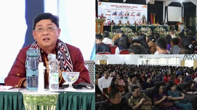 
					Bupati Toraja Utara, Frederik Victor Palimbong saat jadi pembicara di Seminar Natal Nasional 2025 di Toraja. Foto: Istimewa/IAKN Toraja