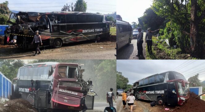 
					Bus Bintang Timur rute Makassar - Sorowako kecelakaan tunggal di Malili, Luwu Timur, Senin (29/12/2026). Foto: Istimewa