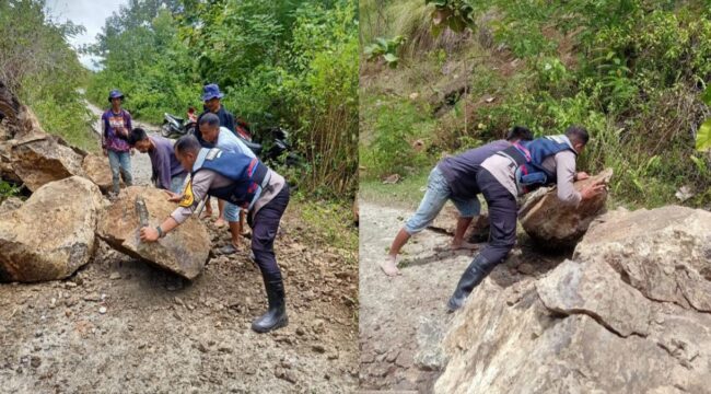 Bhabinkamtibmas Polres Tana Toraja bergerak cepat membersihkan material longsor di Kecamatan Rano. Foto: Istimewa