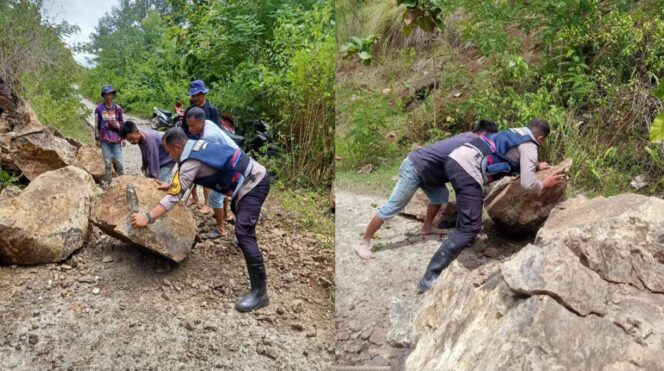 
					Bhabinkamtibmas Polres Tana Toraja bergerak cepat membersihkan material longsor di Kecamatan Rano. Foto: Istimewa