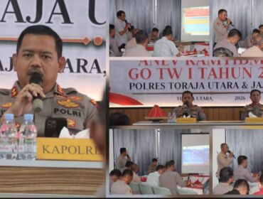 Kapolres Toraja Utara AKBP. Stephanus Luckyto pimpin rapat Analisa dan Evaluasi (Anev) Kamtibmas melalui Gelar Operasional (GO) Triwulan I Tahun 2026 pada Kamis (30/4/2026). Foto: Istimewa