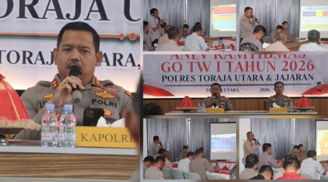 Kapolres Toraja Utara AKBP. Stephanus Luckyto pimpin rapat Analisa dan Evaluasi (Anev) Kamtibmas melalui Gelar Operasional (GO) Triwulan I Tahun 2026 pada Kamis (30/4/2026). Foto: Istimewa