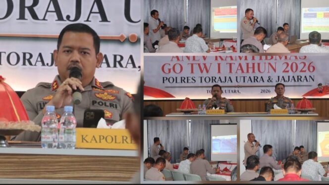 
					Kapolres Toraja Utara AKBP. Stephanus Luckyto pimpin rapat Analisa dan Evaluasi (Anev) Kamtibmas melalui Gelar Operasional (GO) Triwulan I Tahun 2026 pada Kamis (30/4/2026). Foto: Istimewa