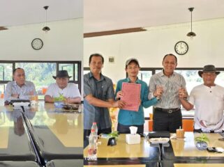 Mantan Kapolres Tana Toraja Victor Datuan Batara saat memediasi Kepala Lembang Saloso dan Wartawan Andarias Padaunan pada Kamis (30/4/2026). Foto: Istimewa