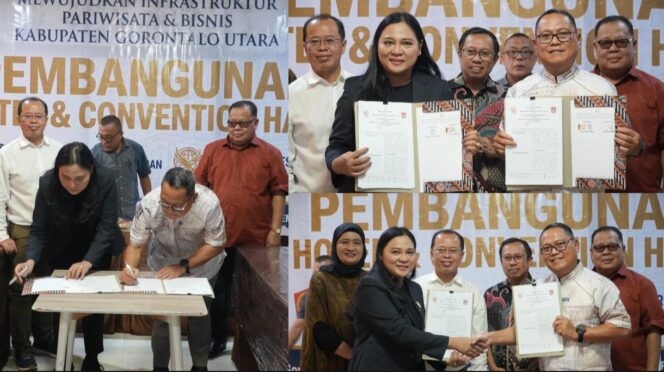 
					Dewi Sartika Pasande bersama Bupati Gorontalo Utara menandatangani nota kesepahaman (MoU) pembangunan hotel dan convention hall di Gorontalo Utara pada Sabtu (2/5/26) kemarin. Foto: Istimewa