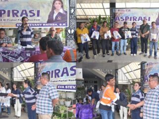 Eva Stevany Rataba bersama Dewan Pimpinan Daerah Partai NasDem Kabupaten Toraja Utara bagikan paket sembako kepada para petugas kebersihan. Foto: Istimewa