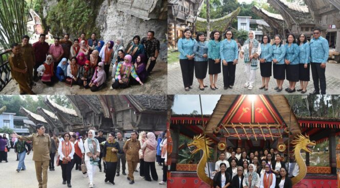 
					Ketua Umum TP PKK Pusat Ibu Tri Tito Karnavian bersama rombongan didampingi Bupati Toraja Utara Frederik Victor Palimbong dan Ketua TP PKK Toraja Utara Damayanti Batti. Foto: Istimewa
