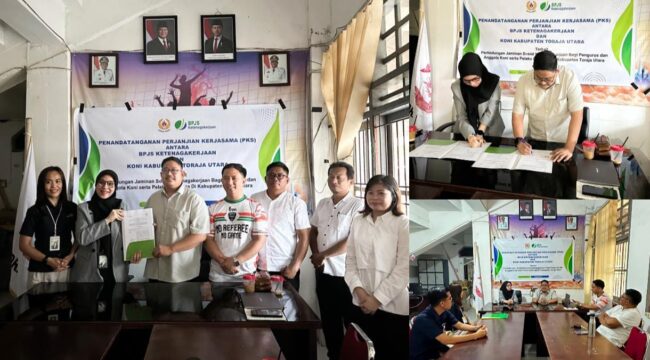 Penandatanganan Perjanjian Kerja Sama antara KONI Toraja Utara dengan BPJS Ketenagakerjaan Toraja. Foto: Istimewa
