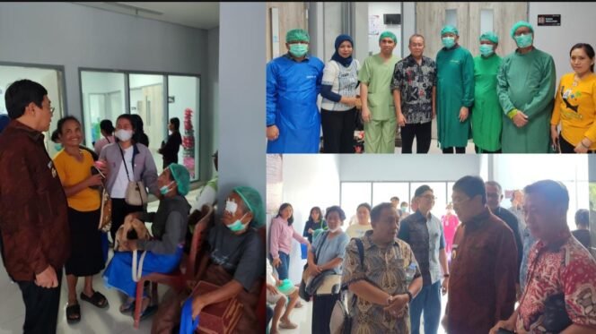 
					Bupati Toraja Utara Frederik Victor Palimbong saat bersama pasien operasi katarak di aksi bakti sosial yang digelar di RSUD Pongtiku. Foto: Istimewa