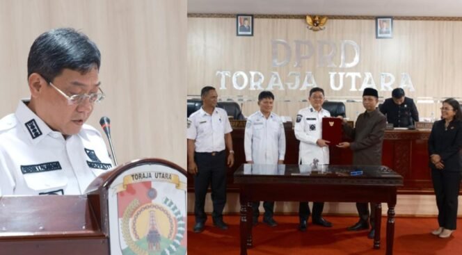 
					Bupati Toraja Utara Frederik Victor Palimbong bersama DPRD Toraja Utara saat menyetujui Ranperda Perubahan APBD Anggaran Tahun 2026. Foto: Istimewa