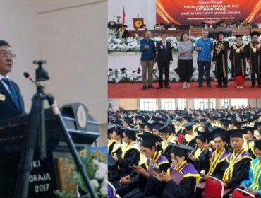 Bupati Toraja Utara Frederik Victor Palimbong saat memberikan sambutan di Wisuda UKI Toraja. Foto: Istimewa