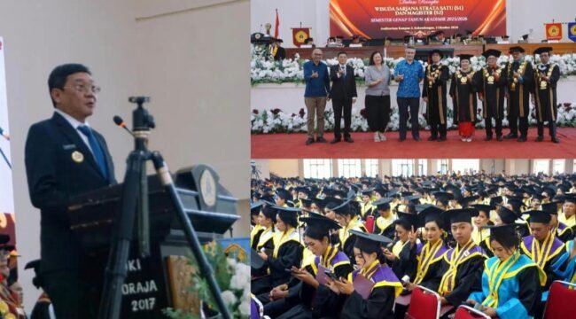 Bupati Toraja Utara Frederik Victor Palimbong saat memberikan sambutan di Wisuda UKI Toraja. Foto: Istimewa