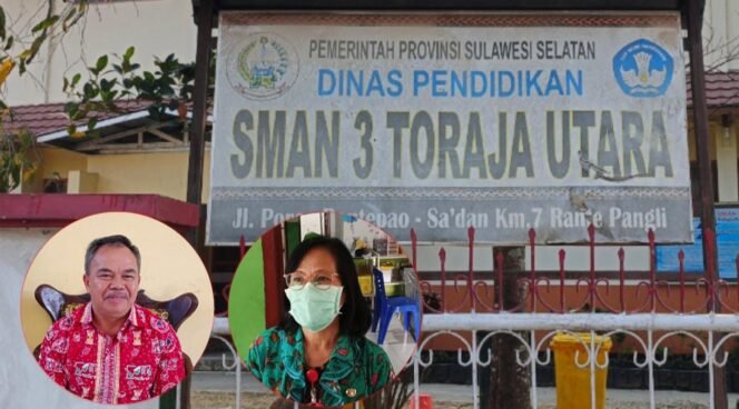 
					Kepala Sekolah SMA 3 Toraja Utara Lukas Tandibadoang (kiri), dan Kepala Puskesmas Rante Pangli Sarah Pamangin (kanan). Foto: Istimewa