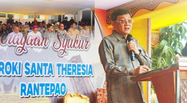 Frederik Victor Palimbong Bupati Toraja Utara saat menghadiri HUT ke 80 Paroki Santa Theresia di Rantepao. Foto: Istimewa