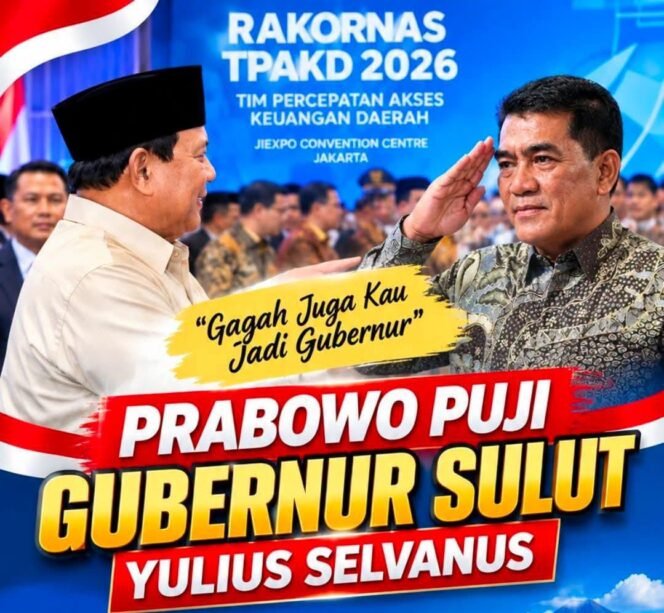 
					Presiden Prabowo Puji Gubernur Sulawesi Utara Yulius Selvanus Lumbaa saat Rakornas TPAKD 2025. Foto: Istimewa